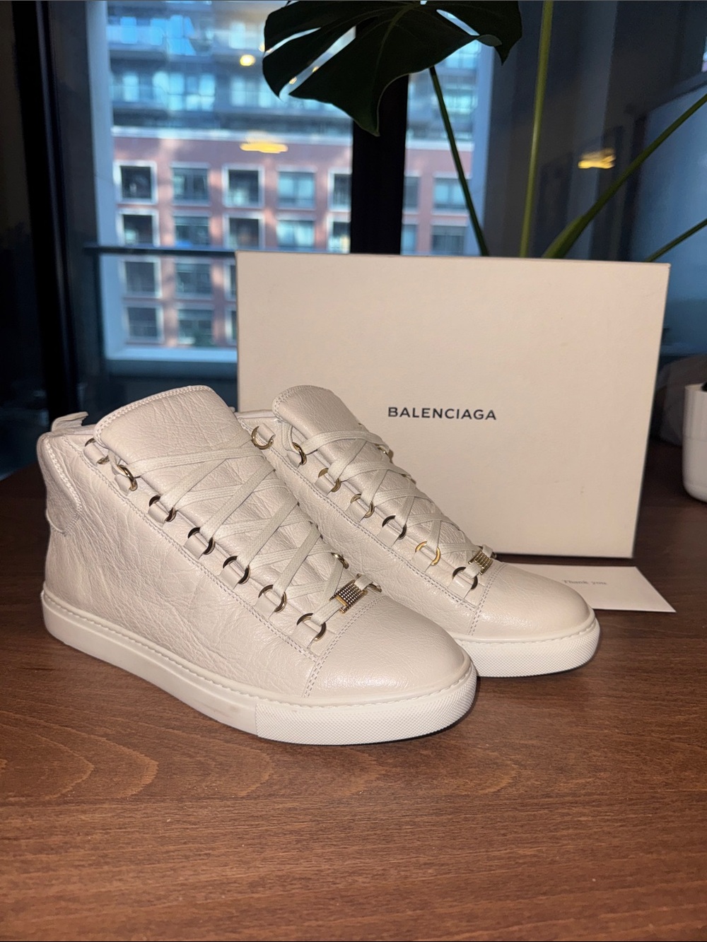 Balenciaga White Leather High-Top Sneakers with Gold-Tone Accents EU 40